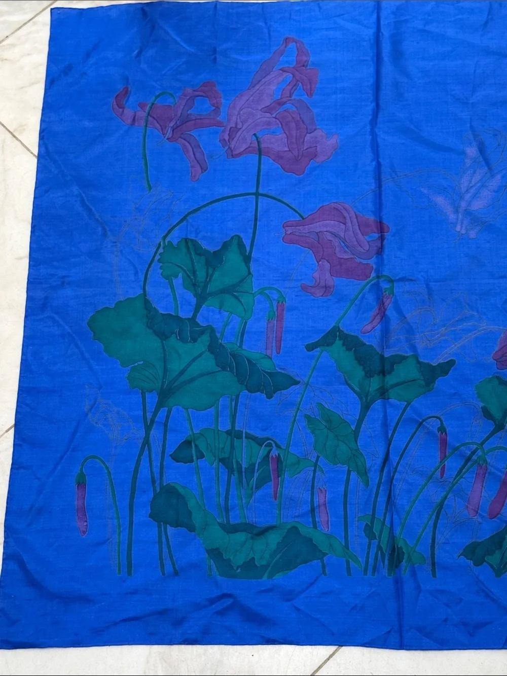 Vibrant Blue Floral Silk Scarf block printed stunning 35” by 36”